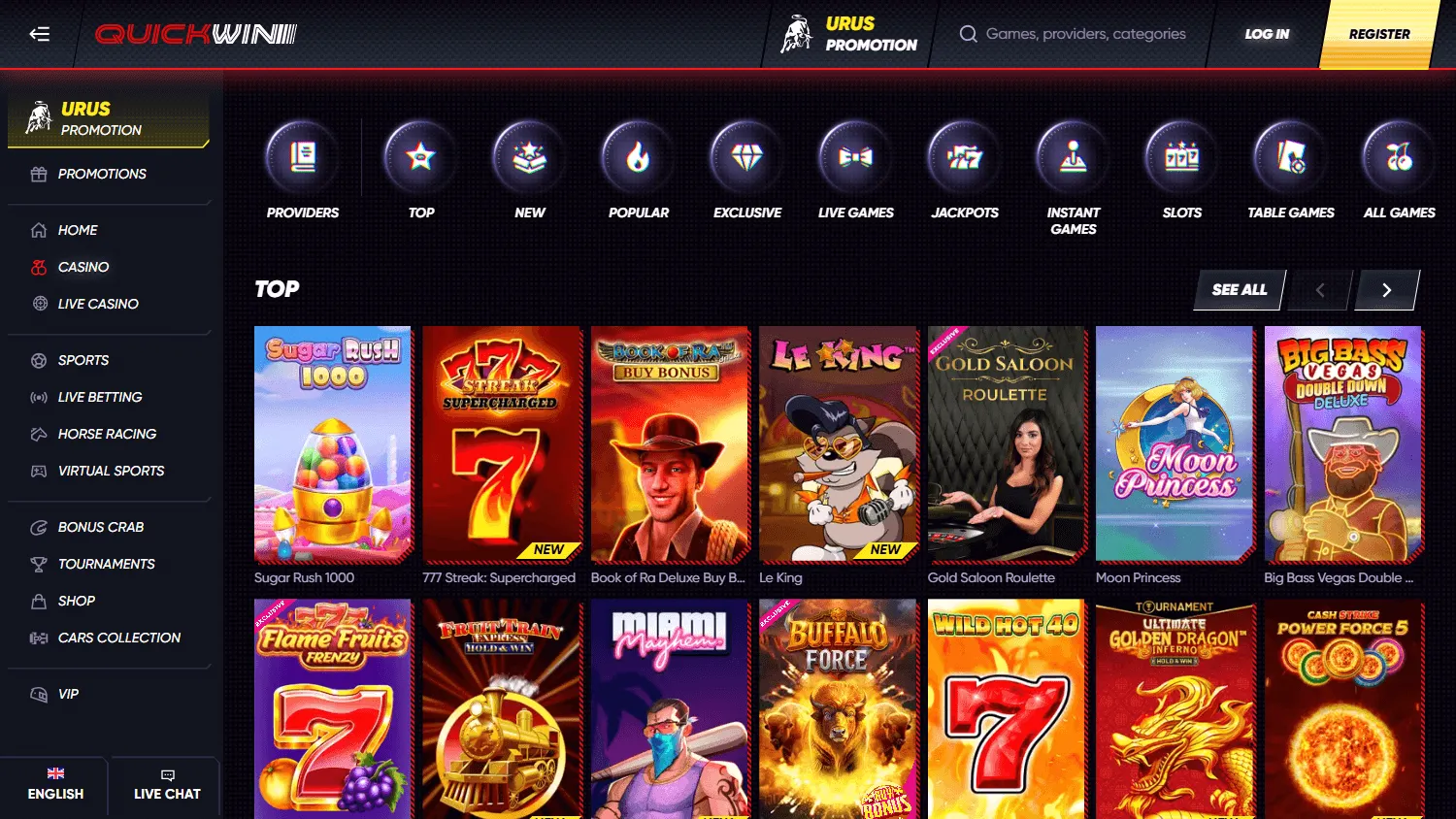 Quickwin Casino desktop games screen