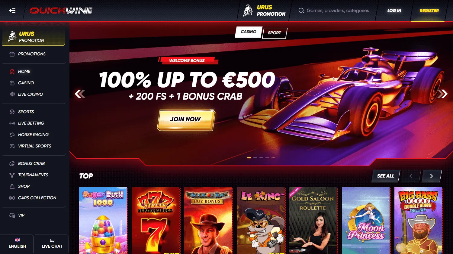 Quickwin Casino desktop home screen