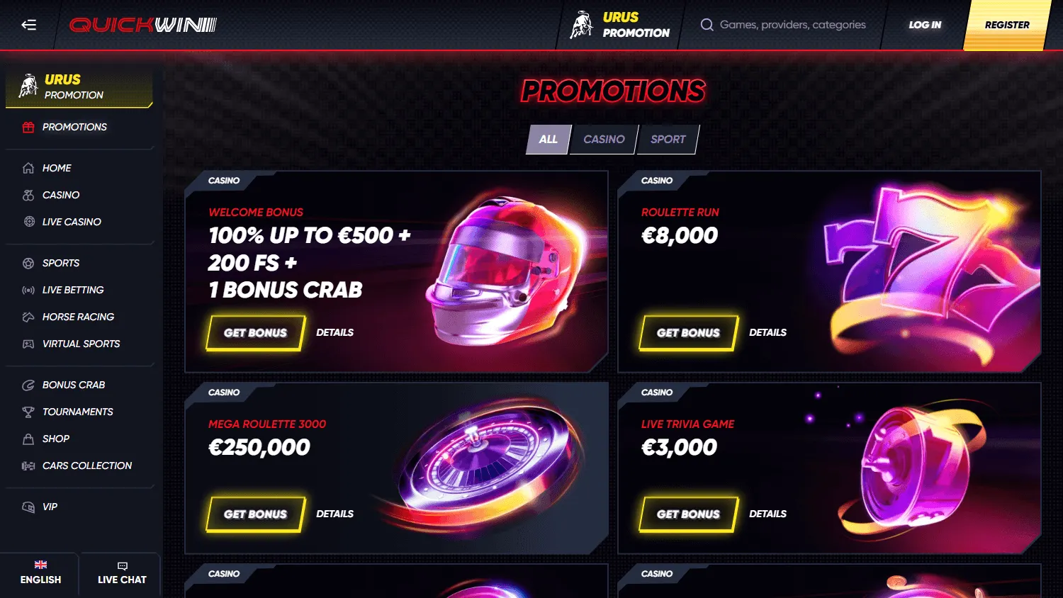 Quickwin Casino desktop promotions screen