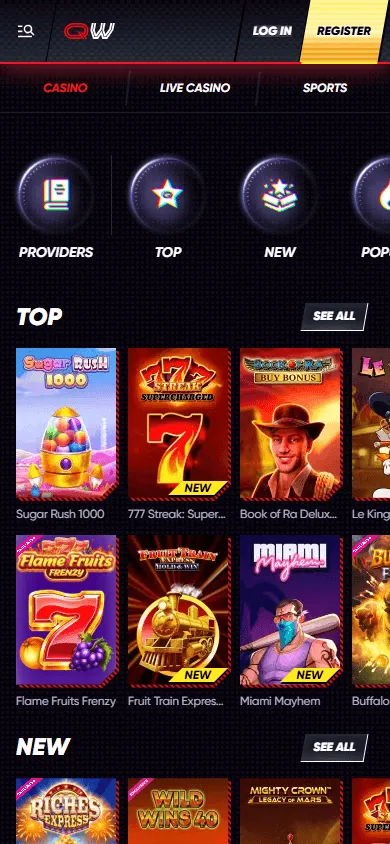 Quickwin Casino mobile games screen