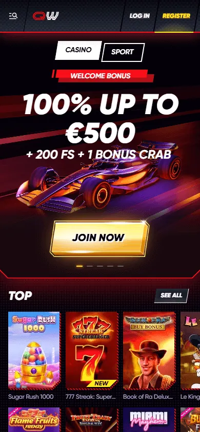 Quickwin Casino mobile home screen