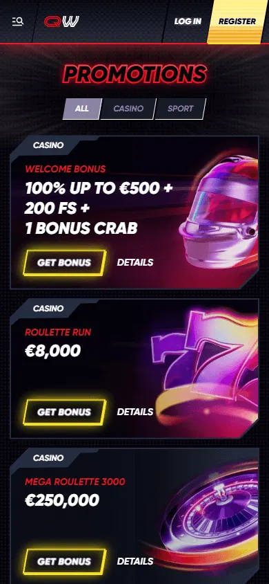 Quickwin Casino mobile promotions screen